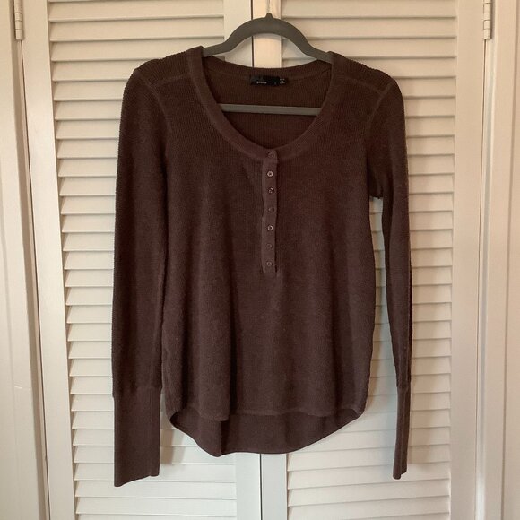 Prana women's t-shirt tee long-sleeved large brown henley waffle knit scoopneck - Picture 1 of 8